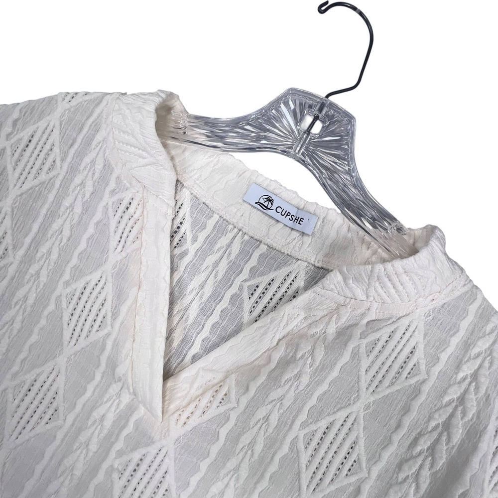 CUPSHE Knit BOHO Top Womens L Cream Textured Diamond V-Neck Short Sleeve Blouse